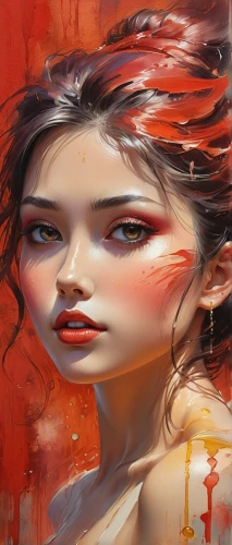 world digital painting,geisha,red paint,painted lady,geisha girl,painting technique,mulan,digital painting,flame spirit,red skin,mystical portrait of a girl,meticulous painting,painting work,red sun,fantasy portrait,rosa ' amber cover,fiery,red chief,digital art,oriental girl,Illustration,Realistic Fantasy,Realistic Fantasy 01