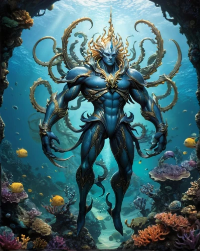 sea god,god of the sea,coral guardian,poseidon,merman,nautilus,sea devil,aquaman,merfolk,sea man,under sea,undersea,scuba,under the sea,water creature,cuthulu,deep sea nautilus,mergus,symbiotic,deep sea,Illustration,Realistic Fantasy,Realistic Fantasy 05