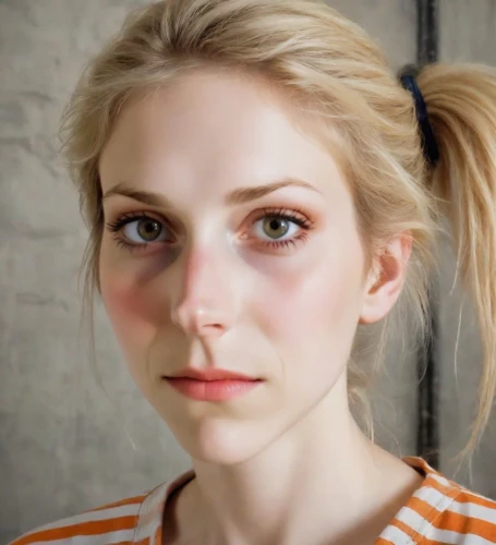 mascara,orange eyes,pupils,eyebrow,zombie,beautiful face,eyes,angel face,natural cosmetic,heterochromia,women's eyes,realdoll,eyebrows,black eyes,big eyes,blonde woman,doll's facial features,applying make-up,portrait of a girl,woman face,Photography,Realistic