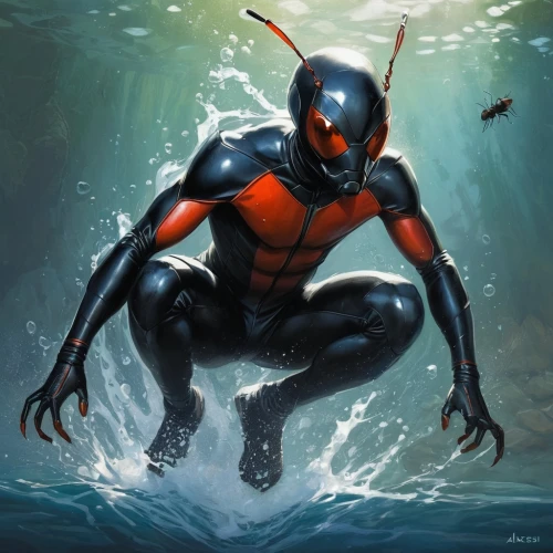 sea devil,black ant,divemaster,ant,diver,dead pool,wasp,scuba,hornet,dive dee,aquanaut,underwater diving,wetsuit,atala,carpenter ant,two-point-ladybug,the man in the water,swimmer,sea man,fighting fish,Conceptual Art,Fantasy,Fantasy 12