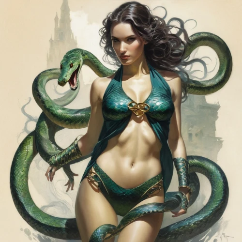 green snake,snake charming,beach snake,serpent,medusa,pointed snake,sea snake,water snake,snake charmers,green mamba,anahata,medusa gorgon,gorgon,the enchantress,merfolk,sorceress,kingsnake,serpentine,green tree snake,fantasy woman,Conceptual Art,Fantasy,Fantasy 12