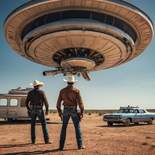 cowboys,western film,wild west,cowboy action shooting,area 51,extraterrestrial life,ufos,western riding,flying saucer,ufo intercept,western,mexican hat,saucer,route66,route 66,stagecoach,house trailer,travel trailer poster,ufo,horse trailer,Photography,General,Realistic