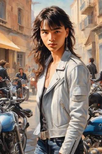 oil painting on canvas,oil painting,motorbike,biker,italian painter,girl in a historic way,motorcycle,world digital painting,motorcycles,woman at cafe,oil on canvas,desert rose,sci fiction illustration,motorella,piaggio ciao,policewoman,girl and car,girl with a wheel,motorcycling,motorcyclist,Digital Art,Classicism