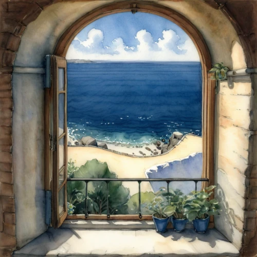 window with sea view,sicily window,seaside view,window,window view,mediterranean,ocean view,window to the world,the window,sea view,bedroom window,open window,landscape with sea,mediterranean sea,window front,beach landscape,sea landscape,french windows,the mediterranean sea,beach view,Illustration,Paper based,Paper Based 23