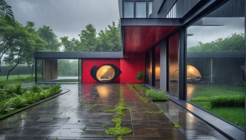 corten steel,rain shower,asian architecture,chinese architecture,mirror house,rain bar,suzhou,monsoon,rainstorm,flooded pathway,rainwater,landscape red,garden design sydney,modern architecture,landscape design sydney,rain on window,feng shui golf course,glass wall,cubic house,rain protection,Photography,General,Realistic