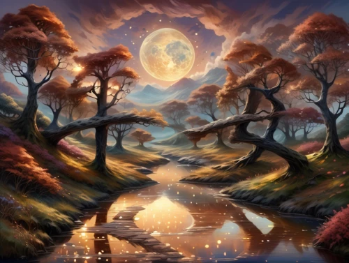 fantasy landscape,fantasy picture,autumn landscape,fantasy art,forest landscape,landscape background,mushroom landscape,the mystical path,fairy world,druid grove,forest of dreams,fairy forest,autumn background,elven forest,nature landscape,world digital painting,enchanted forest,autumn forest,tree grove,fall landscape