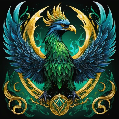 blue and gold macaw,garuda,gryphon,coat of arms of bird,emblem,phoenix rooster,argus,national emblem,crest,blue macaw,eagle illustration,araucana,green dragon,quetzal,eagle,imperial eagle,heraldic,alliance,peacock,macaw,Illustration,Realistic Fantasy,Realistic Fantasy 25