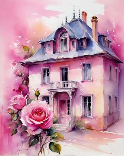 veules-les-roses,watercolor paris,house painting,pink roses,watercolor painting,woman house,rose pink colors,watercolor,pink rose,biscuit rose de reims,watercolor paint,watercolor paris balcony,flower painting,landscape rose,vosges-rose,partiture,chateau,country house,private house,watercolor cafe,Illustration,Paper based,Paper Based 11
