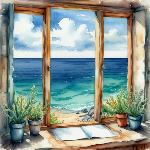 window with sea view,ocean view,watercolor background,seaside view,beach landscape,beach scenery,ocean background,sea view,window view,window,beach view,sea landscape,watercolor frame,beach background,beach hut,bedroom window,sea-shore,window covering,window front,window treatment,Illustration,Paper based,Paper Based 25