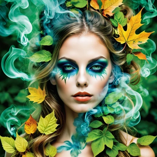 faerie,faery,dryad,fairy peacock,poison ivy,the enchantress,bodypainting,fairy queen,green smoke,natural cosmetics,mother nature,mystical portrait of a girl,elven flower,body painting,leafed through,mother earth,flora,spring leaf background,blue and green,blue enchantress,Illustration,Paper based,Paper Based 09