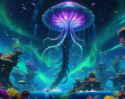 under sea,under the sea,underwater background,coral guardian,the bottom of the sea,deep sea,mushroom island,apiarium,undersea,cuthulu,coral reef,underwater oasis,anemone of the seas,deep sea nautilus,fantasia,bottom of the sea,underwater landscape,underwater world,jellyfish,nautilus,Illustration,Realistic Fantasy,Realistic Fantasy 20