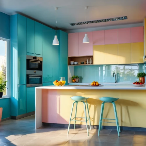 kitchen design,kitchen interior,vintage kitchen,kitchenette,modern kitchen interior,tile kitchen,modern kitchen,kitchen,kitchen cabinet,kitchen counter,pastel colors,color combinations,color turquoise,big kitchen,search interior solutions,the kitchen,saturated colors,modern decor,kitchen remodel,mid century house,Photography,General,Realistic