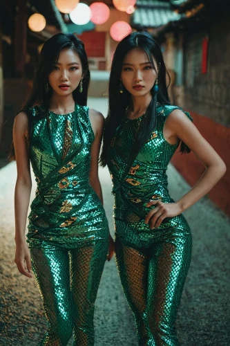 asian vision,duo,asian costume,vietnam's,bangkok,angels,vietnamese,sirens,angels of the apocalypse,kimjongilia,mermaids,jumpsuit,asia,two girls,vintage asian,performers,latex clothing,emerald,teal blue asia,mirror reflection,Photography,Documentary Photography,Documentary Photography 08
