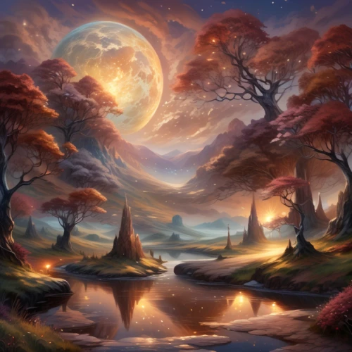 fantasy landscape,fantasy picture,mushroom landscape,lunar landscape,fantasy art,forest landscape,landscape background,fairy world,fairy forest,autumn landscape,nature landscape,druid grove,enchanted forest,forest of dreams,dream world,elven forest,moonscape,dreamland,landscapes,the mystical path