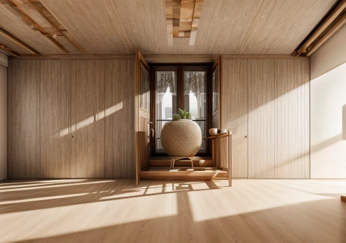 wooden sauna,japanese-style room,daylighting,wooden windows,bamboo curtain,3d rendering,timber house,wooden house,room divider,plywood,archidaily,hallway space,render,japanese architecture,laminated wood,sauna,ryokan,wooden floor,wooden mockup,tatami