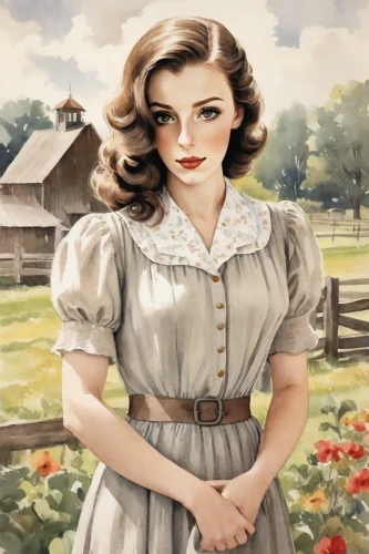 farm girl,1940 women,woman holding pie,country dress,countrygirl,southern belle,girl in the garden,vintage woman,girl picking apples,maureen o'hara - female,lillian gish - female,vintage women,vintage girl,farm background,vintage female portrait,young woman,farmer,girl in a historic way,heidi country,retro women,Digital Art,Watercolor