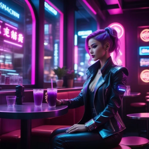 retro diner,neon coffee,cyberpunk,diner,neon drinks,neon cocktails,neon tea,futuristic,retro woman,catwoman,unique bar,woman at cafe,femme fatale,80s,cosmopolitan,neon human resources,jukebox,ufo interior,neon light drinks,birds of prey-night