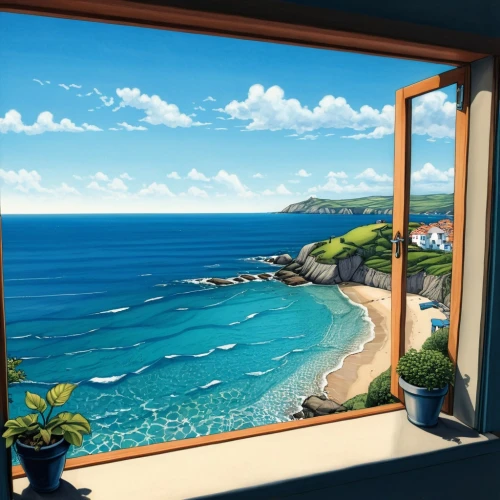 window with sea view,ocean view,window to the world,window view,seaside view,window covering,window treatment,bedroom window,sea view,window,transparent window,beautiful frame,ocean background,window seat,french windows,cliffs ocean,big window,window curtain,the window,glass window,Illustration,American Style,American Style 04