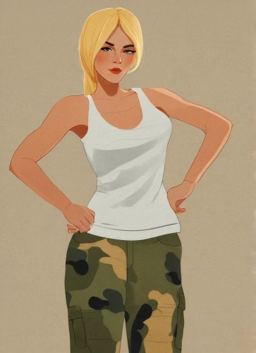 cargo pants,camo,khaki,vector girl,blonde woman,fashion vector,digital painting,sweatpant,jumpsuit,olive,military camouflage,blond girl,khaki pants,stylised,blonde girl,military person,army,military,low poly,fashion sketch,Conceptual Art,Daily,Daily 20