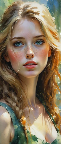 fantasy portrait,world digital painting,mystical portrait of a girl,girl on the river,the blonde in the river,fantasy art,fae,jessamine,dryad,digital painting,faery,heroic fantasy,faerie,girl in a long,girl in the garden,portrait background,fantasy picture,photo painting,girl portrait,young woman,Conceptual Art,Oil color,Oil Color 11