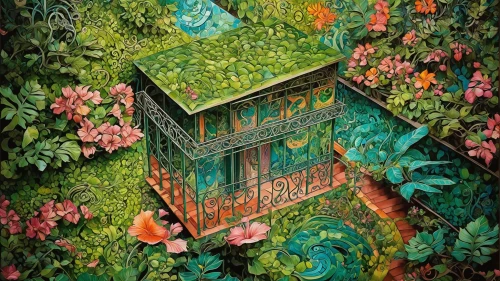 house in the forest,fairy house,little house,green garden,small house,garden shed,witch's house,bird house,treehouse,woman house,tree house,greenhouse,miniature house,wishing well,cottage,tropical bloom,insect house,house painting,ancient house,studio ghibli,Illustration,Realistic Fantasy,Realistic Fantasy 39