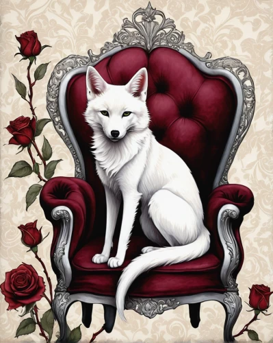 canine rose,rose white and red,white cat,redfox,kitsune,white rose snow queen,throne,floral chair,porcelain rose,valentine pin up,dog roses,dog rose,rose flower illustration,rose png,armchair,aristocrat,romantic portrait,pet portrait,noble rose,upholstery,Illustration,Paper based,Paper Based 28
