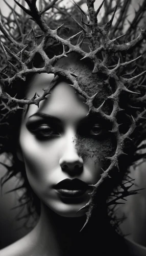dryad,tendrils,artificial hair integrations,rooted,crown of thorns,medusa,image manipulation,photo manipulation,biomechanical,the enchantress,fractals art,branched,withered,gorgon,photomanipulation,photomontage,photoshop manipulation,branching,woman thinking,neural pathways,Photography,Artistic Photography,Artistic Photography 06