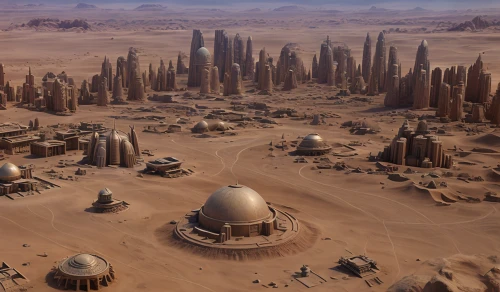 futuristic landscape,stone desert,ancient city,desert desert landscape,desert planet,desert landscape,droids,concept art,the desert,sci fi,human settlement,alien planet,roof domes,red planet,capture desert,solar cell base,desertification,erbore,development concept,wasteland