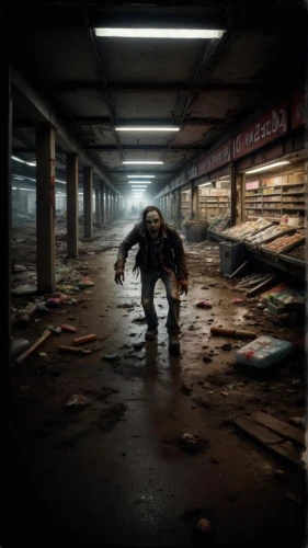 warehouseman,janitor,warehouse,album cover,shopkeeper,scrap dealer,dead earth,trash land,post apocalyptic,cd cover,slum,digital compositing,lost place,outbreak,abandonded,abandoned factory,photomanipulation,urbex,scrap collector,supermarket