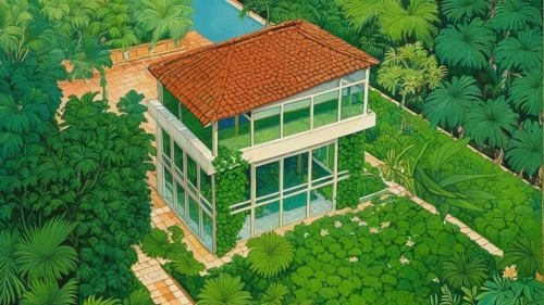 house in the forest,roof landscape,studio ghibli,small house,villa,house painting,home landscape,private estate,residential house,isometric,little house,grass roof,garden elevation,house with lake,tree house,private house,escher village,shirakami-sanchi,timber house,bird's-eye view,Illustration,Realistic Fantasy,Realistic Fantasy 04