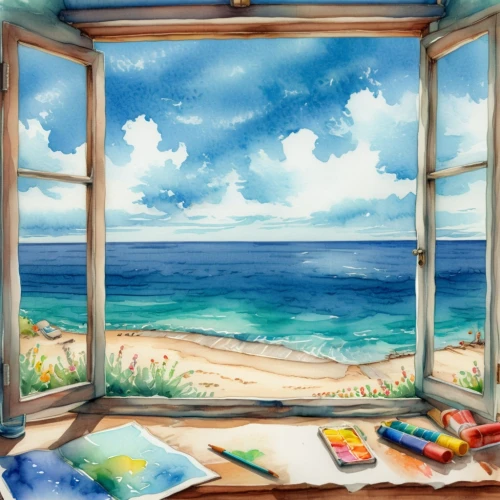 window with sea view,ocean view,watercolor background,beach scenery,ocean background,watercolor frame,seaside view,beach hut,beach background,beach landscape,sea-shore,dream beach,beach view,sea view,sea ocean,sea breeze,sea landscape,window to the world,open sea,window,Illustration,Paper based,Paper Based 25