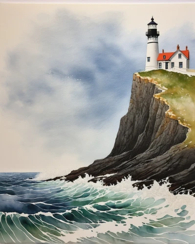 lighthouse,light house,crisp point lighthouse,electric lighthouse,point lighthouse torch,petit minou lighthouse,light station,nubble,red lighthouse,maine,battery point lighthouse,portland head light,pigeon point,watercolor painting,coastal landscape,watercolor,headland,seascape,church painting,seascapes,Illustration,Paper based,Paper Based 15