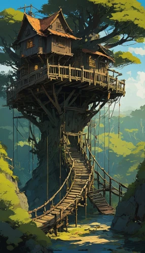 treehouse,tree house,tree house hotel,stilt house,lookout tower,studio ghibli,house with lake,wooden house,island suspended,lifeguard tower,hanging houses,ancient house,stilt houses,house in the forest,house by the water,observation tower,floating island,lonely house,fire tower,wooden pier,Conceptual Art,Sci-Fi,Sci-Fi 01