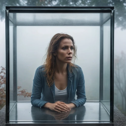 depressed woman,sauna,in the rain,scared woman,vitrine,digital compositing,the window,shelter,dialogue window,vertigo,mirror house,conceptual photography,laurel,portrait photography,vulnerable,woman thinking,eleven,lori,framed,sheltered,Photography,General,Realistic