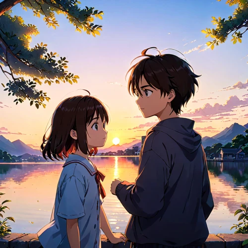 studio ghibli,girl and boy outdoor,romantic scene,hiyayakko,hands holding,summer evening,boy and girl,heart in hand,sunset,summer sky,setting sun,detective conan,holding hands,holding,shirakami-sanchi,loving couple sunrise,background image,hold hands,dusk background,lake tanuki,Anime,Anime,Traditional