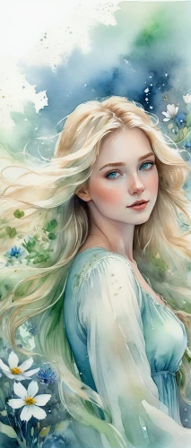 faery,faerie,jessamine,mermaid background,fairy tale character,watercolor background,little girl in wind,the blonde in the river,watercolor women accessory,fantasy art,white rose snow queen,fantasy picture,lilly of the valley,mystical portrait of a girl,the sea maid,fantasy portrait,springtime background,fae,the snow queen,the wind from the sea,Illustration,Paper based,Paper Based 25