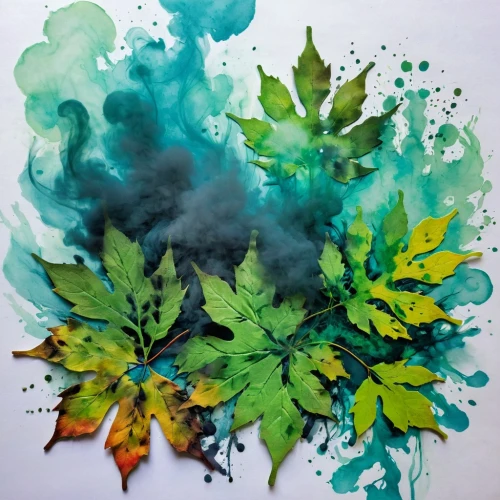 watercolor leaves,smoke art,watercolor leaf,leaf drawing,green smoke,watercolour leaf,abstract smoke,watercolor paint strokes,maple leaves,colorful leaves,oak leaves,watercolor tree,colored leaves,maple leave,maple foliage,foliage coloring,leaf background,maple leaf,watercolor paint,blue green tobacco,Illustration,Paper based,Paper Based 06