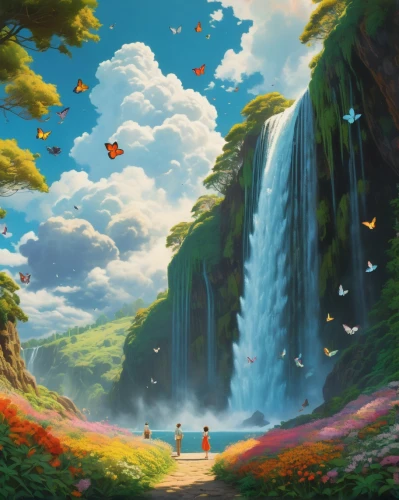 fantasy landscape,fantasy picture,bird kingdom,fairy world,dream world,3d fantasy,fantasy world,bird bird kingdom,landscape background,children's background,dreamland,world digital painting,forest of dreams,fairies aloft,fantasia,studio ghibli,fantasy art,waterfall,waterfalls,cascading,Photography,General,Fantasy