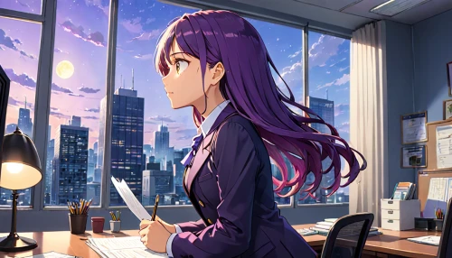 yuri,purple wallpaper,girl studying,purple background,blur office background,girl at the computer,dusk background,cg artwork,study room,la violetta,purple frame,iris on piano,desk,background images,veil purple,violet,pianist,night administrator,desk top,office worker,Anime,Anime,Traditional