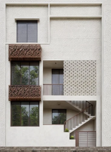 lattice windows,block balcony,facade panels,wooden facade,balconies,stucco frame,lattice window,stucco wall,exterior decoration,facade insulation,apartment building,residential house,an apartment,gold stucco frame,facade painting,cubic house,garden elevation,ornamental dividers,kirrarchitecture,modern architecture,Common,Common,Natural