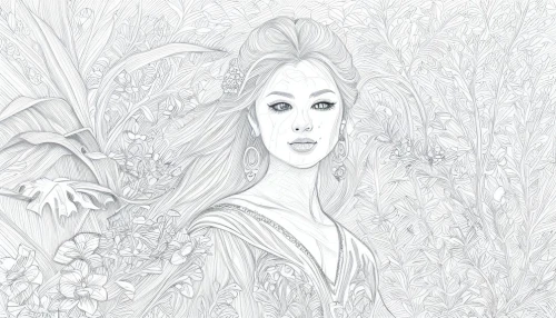 girl in flowers,background ivy,flower line art,lotus art drawing,girl in the garden,woman of straw,faerie,in the tall grass,dryad,flora,lily of the field,secret garden of venus,flower drawing,fashion illustration,botanical line art,faery,floral background,japanese floral background,flower background,portrait background,Design Sketch,Design Sketch,Character Sketch