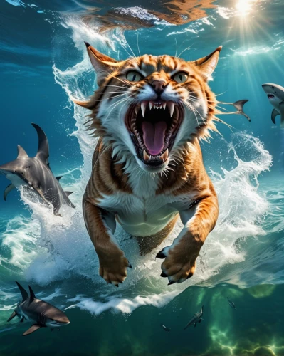 wild cat,tiger cat,god of the sea,foxface fish,sea animal,felidae,photoshop manipulation,amurtiger,roaring,feral,marine animal,photo manipulation,predation,anthropomorphized animals,fish in water,underwater background,tigerle,wild animal,tiger shark,world digital painting