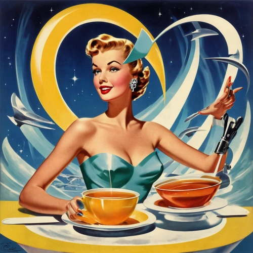 woman drinking coffee,horoscope libra,girl with cereal bowl,retro 1950's clip art,woman holding pie,caffè americano,pin ups,cigarette girl,café au lait,pouring tea,placemat,mercury,tin sign,art deco woman,tea drinking,diet icon,tea time,teacups,mercury transit,vintage dishes,Illustration,Retro,Retro 12