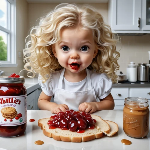 doll kitchen,baby playing with food,shirley temple,peanut butter and jelly sandwich,lingonberry jam,strawberry jam,petit gâteau,peanut butter and jelly,jam roly-poly,still life with jam and pancakes,baby food,girl in the kitchen,madeleine,currant jam,toddler,cute baby,fruit butter,peanut butter,babycino,baby-sitter,Photography,General,Realistic
