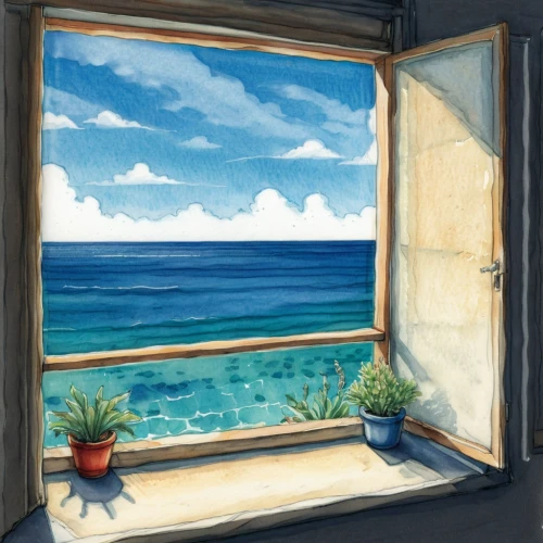 window with sea view,window view,ocean view,sicily window,seaside view,window,bedroom window,sea view,window to the world,the window,window front,glass window,watercolor frame,beach view,sea landscape,french windows,sea breeze,watercolour frame,open window,window seat,Illustration,Paper based,Paper Based 07