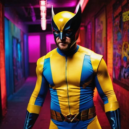 wolverine,x-men,xmen,x men,electro,yellow and blue,kryptarum-the bumble bee,cyclops,wall,yellow wall,yellow jacket,blue demon,aa,cosplay image,cleanup,superhero background,yellow,the suit,neon body painting,comic hero,Photography,General,Cinematic