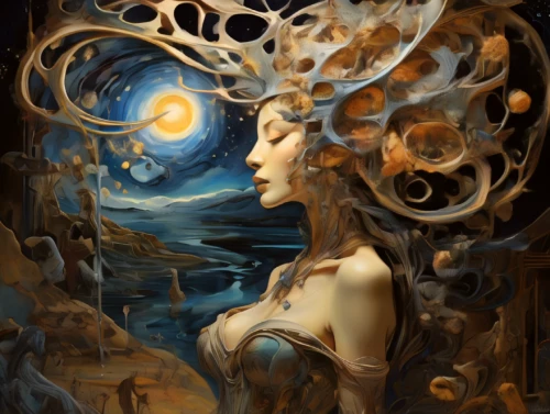 priestess,fantasy art,the enchantress,sorceress,mystical portrait of a girl,dryad,fantasy portrait,zodiac sign libra,blue enchantress,astral traveler,faerie,divination,mirror of souls,fantasy picture,queen of the night,celestial body,the zodiac sign pisces,world digital painting,constellation lyre,mysticism