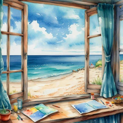 ocean view,window with sea view,ocean background,watercolor background,seaside view,beach scenery,beach landscape,beach background,beach view,sea landscape,dream beach,ocean,seaside country,sea-shore,by the sea,summer day,sea view,sea ocean,seaside,idyllic,Illustration,Paper based,Paper Based 25