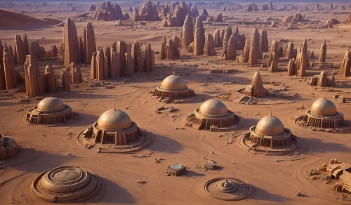 stone desert,futuristic landscape,ancient city,roof domes,desert planet,desert desert landscape,desert landscape,alien planet,alien world,the desert,dune landscape,admer dune,arid landscape,anthill,capture desert,concept art,human settlement,desertification,desert,dune