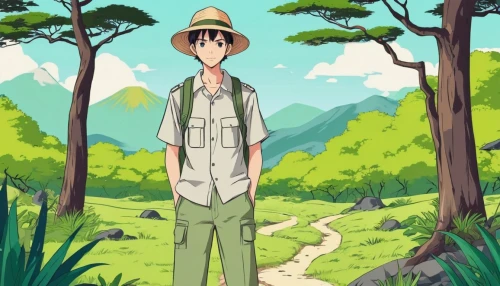 yamada's rice fields,the rice field,anime japanese clothing,altiplano,matsuno,in the tall grass,rice fields,hiker,forest man,studio ghibli,rice field,forest background,ricefield,ishigaki,mountain guide,rice paddies,2d,pineapple fields,wander,frog background,Illustration,Japanese style,Japanese Style 04